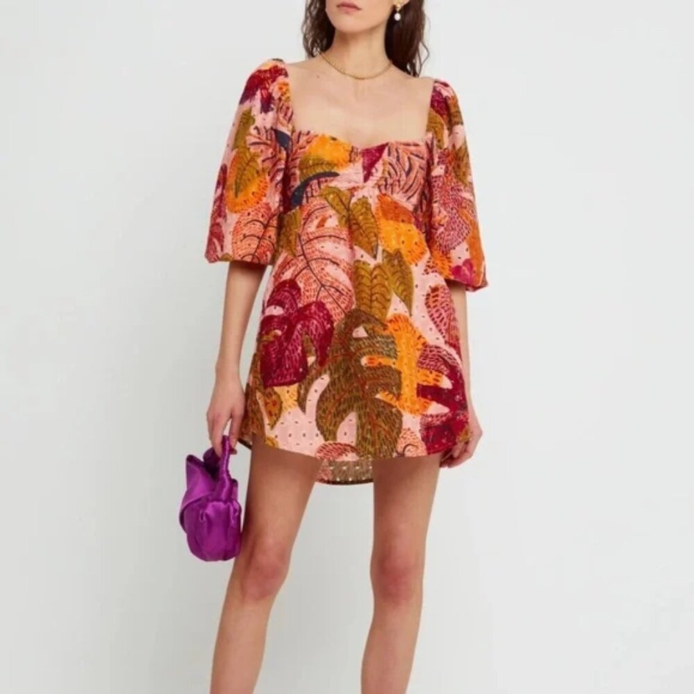 Kourt Robbie Palm Eyelet Puff Sleeve Smocked Back Cocktail Resort Mini Dress